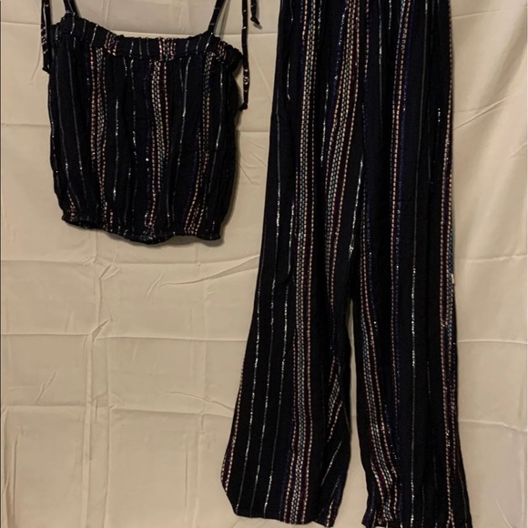 $$$$$$OLD M Elan Black Multicolor Viscose Striped High Waist Wide Leg Pants Tank - Picture 10 of 13